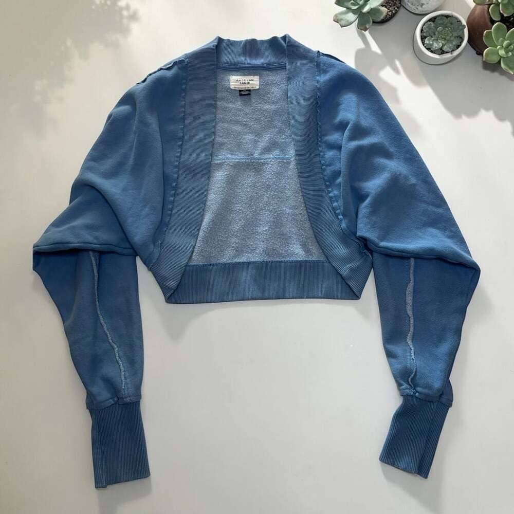 American Eagle Cropped Open Front Sweatshirt Shrug Bolero Blue XXS